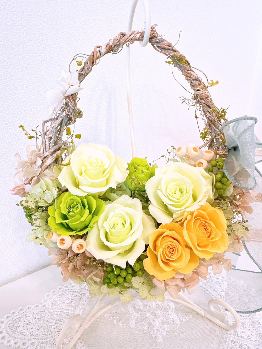 フレッシュグリーンのエッグバスケット リース イエロー 緑 黄色 母の日2026  結婚 記念日 新築 出産 長寿 祝い | 5枚目